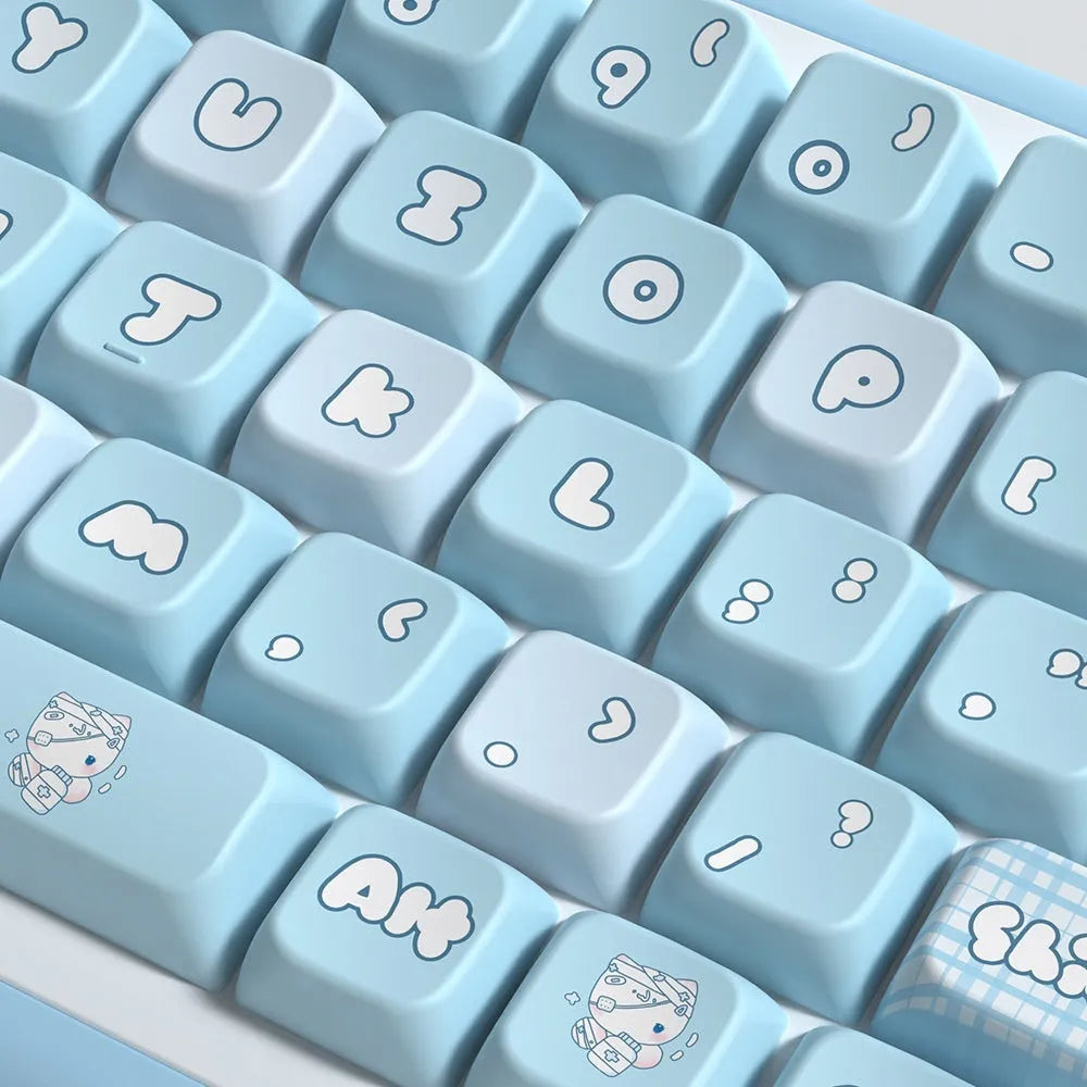 Watercolour kitten design custom keycaps for mechanical keyboards, PTB material, 138-key and 158-key set options.