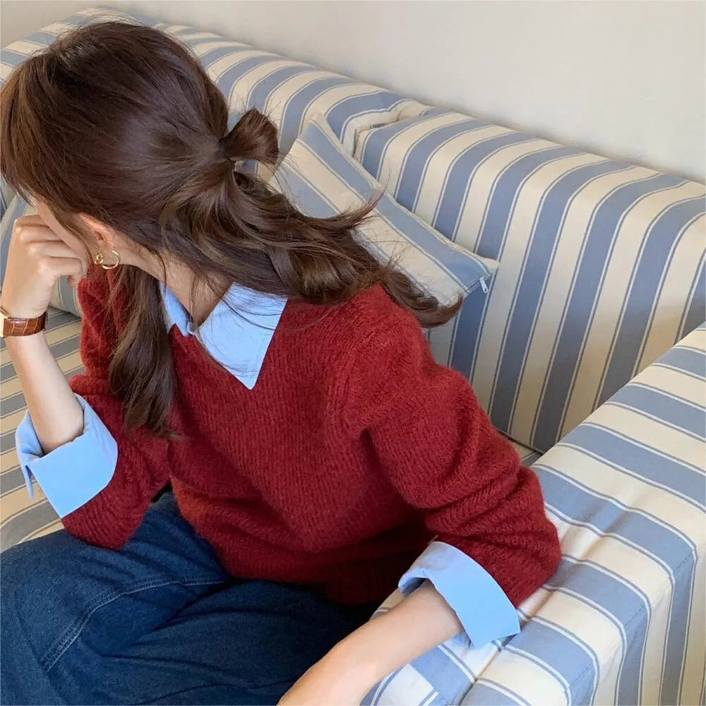 Women's loose-fitting knitwear top with contrast lapels in polyester fabric