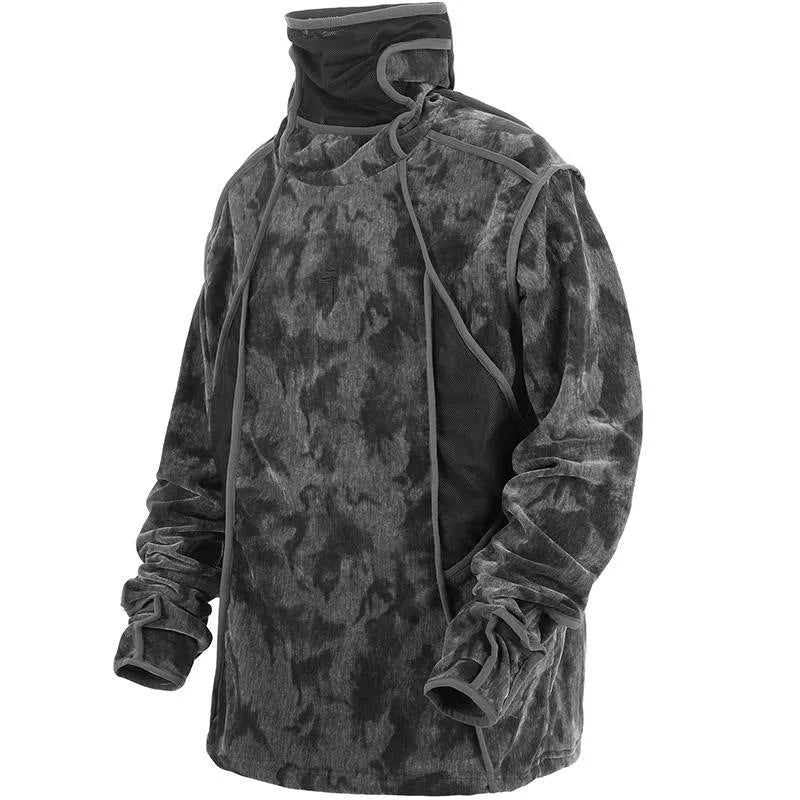 Man modelling a black and grey tie dye print loose fit pullover sweater with drop shoulders.