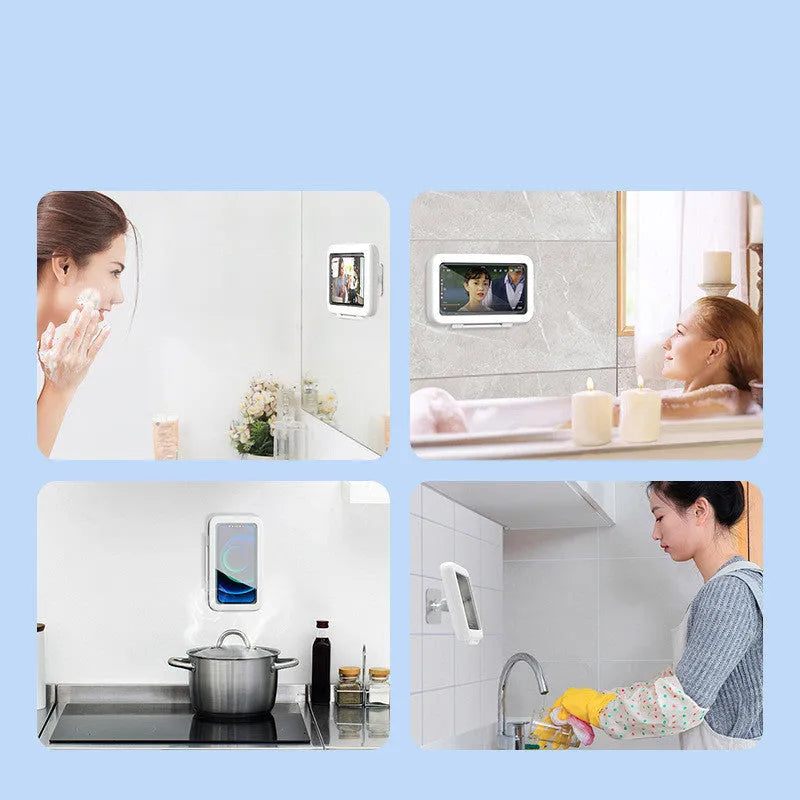 White waterproof phone holder mounted on bathroom tile showing smartphone visible through anti-fog window