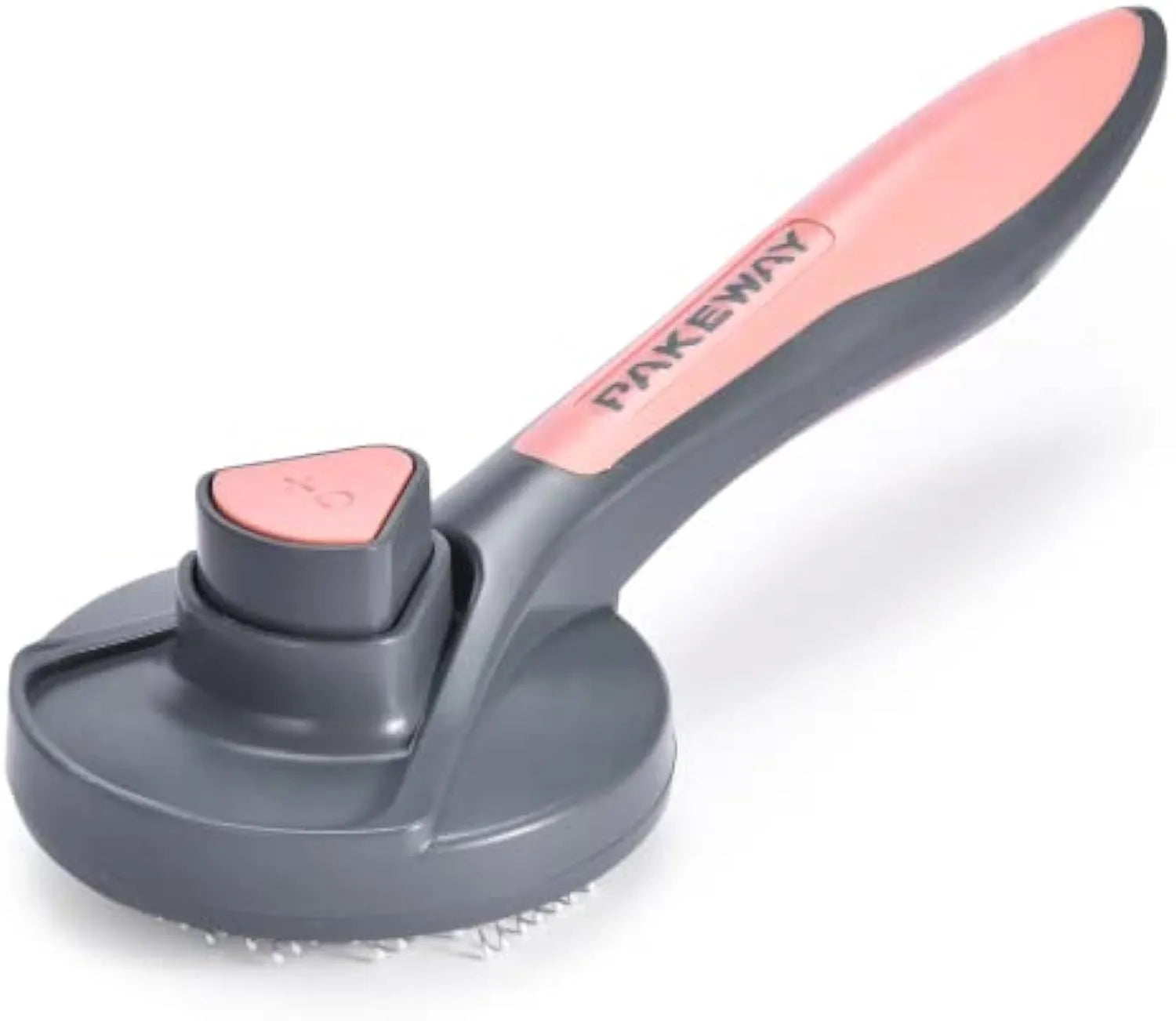 Self-cleaning slicker brush for pet grooming with grey handle and bristles