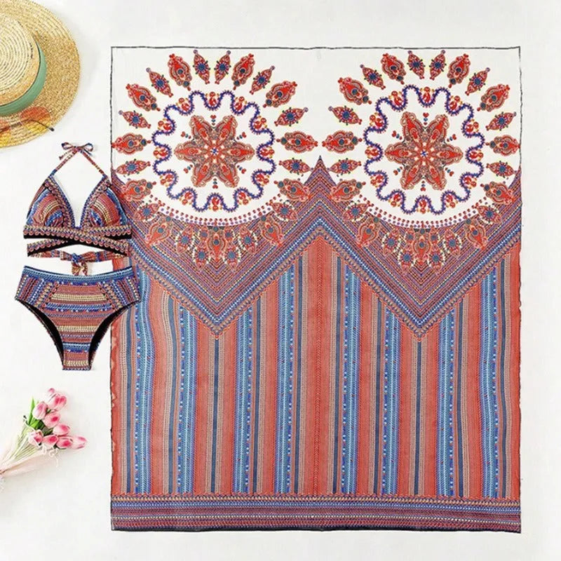 Women's three-piece split swimsuit set featuring a cutout blouse, high-waisted brief, and jacket.
