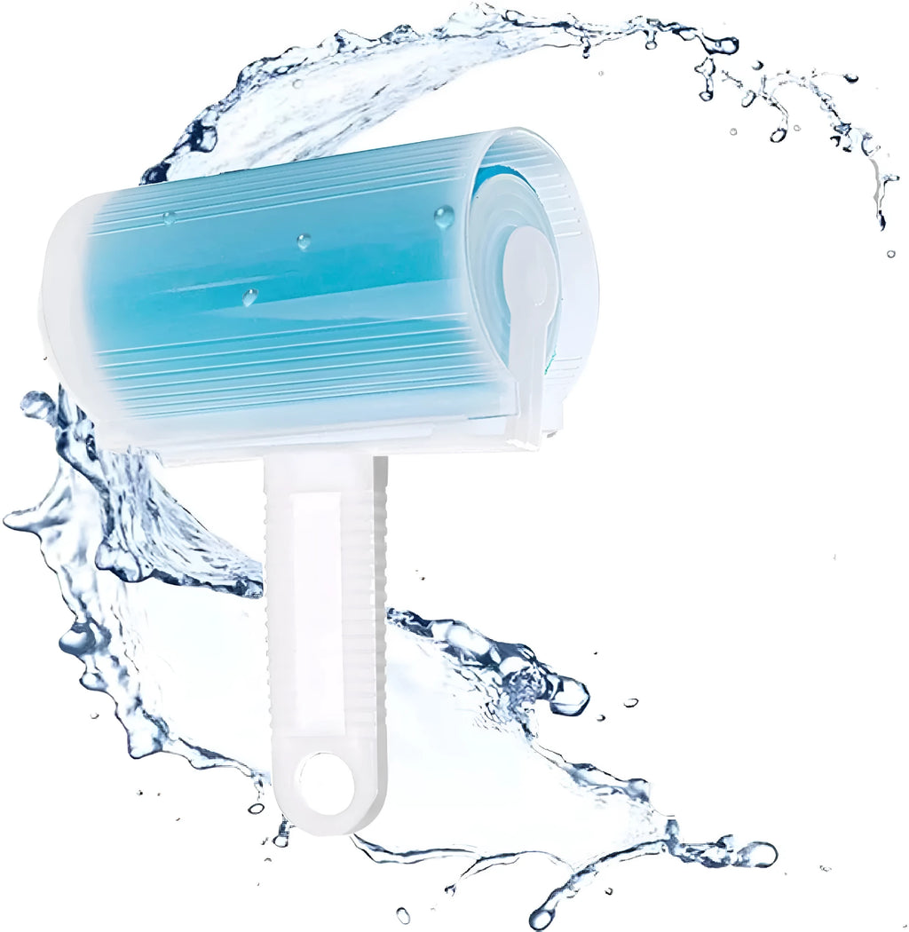 Blue washable lint roller with cover for removing pet hair from clothes and furniture