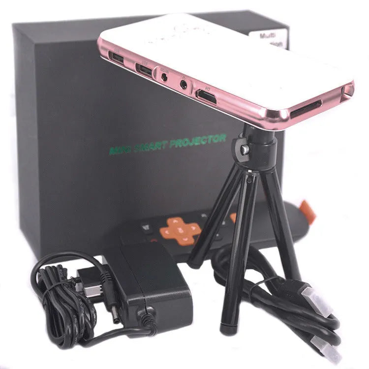 White and rose gold miniature portable DLP Android projector with compact design measuring 145x80mm