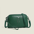 Women's black genuine leather shoulder bag showing square shape and compact 19x13x6cm size