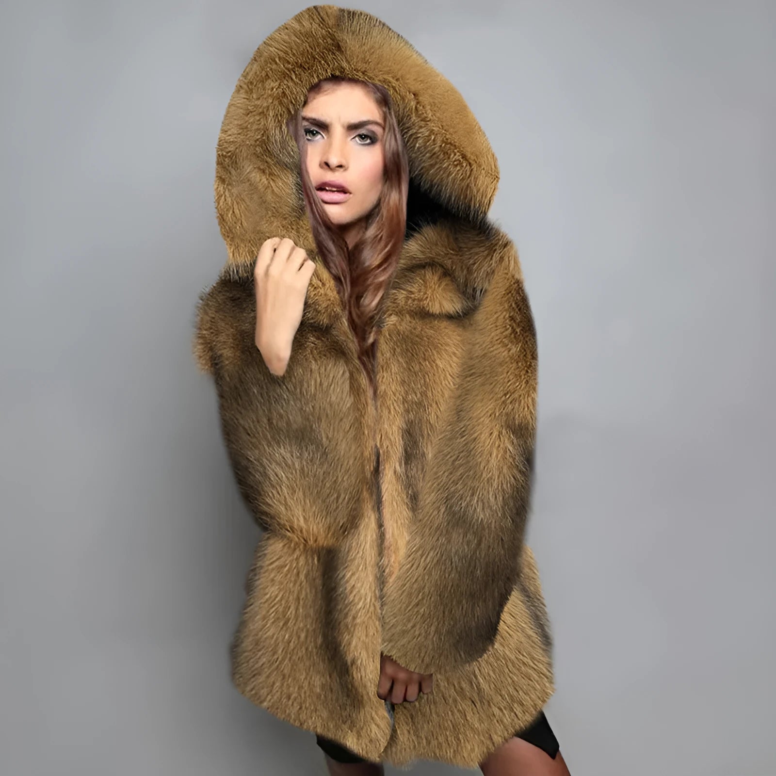 Women's silver grey artificial fur coat with mid-length 65cm design and regular sleeves