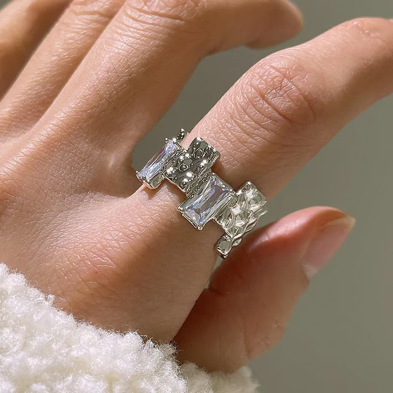 Geometric cross zircon open ring in silver tone with three-dimensional decoration