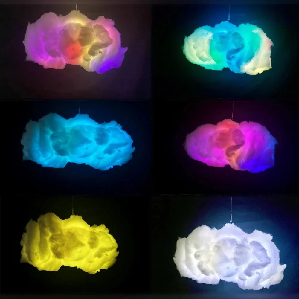 Large white fabric cloud shaped USB light hanging from ceiling with multi-colour RGBIC glow.