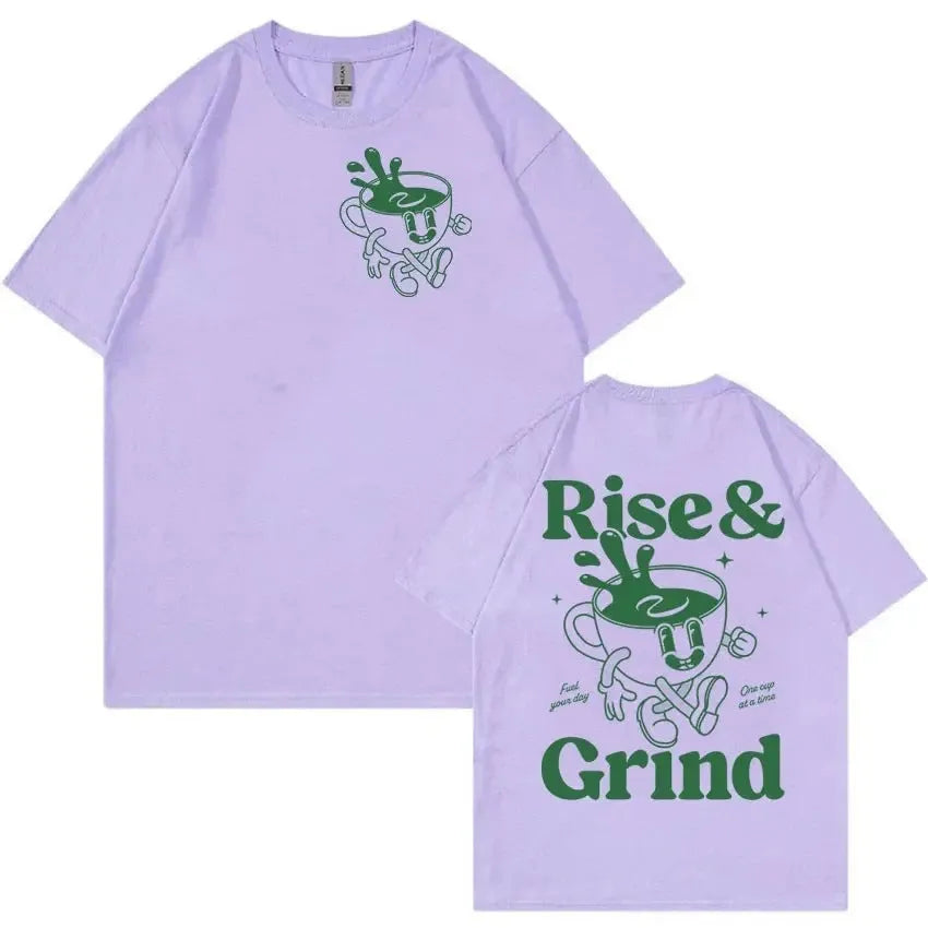 Rise And Grind Green Coffee fun expression printed on a loose-fit linen blend cartoon t-shirt.