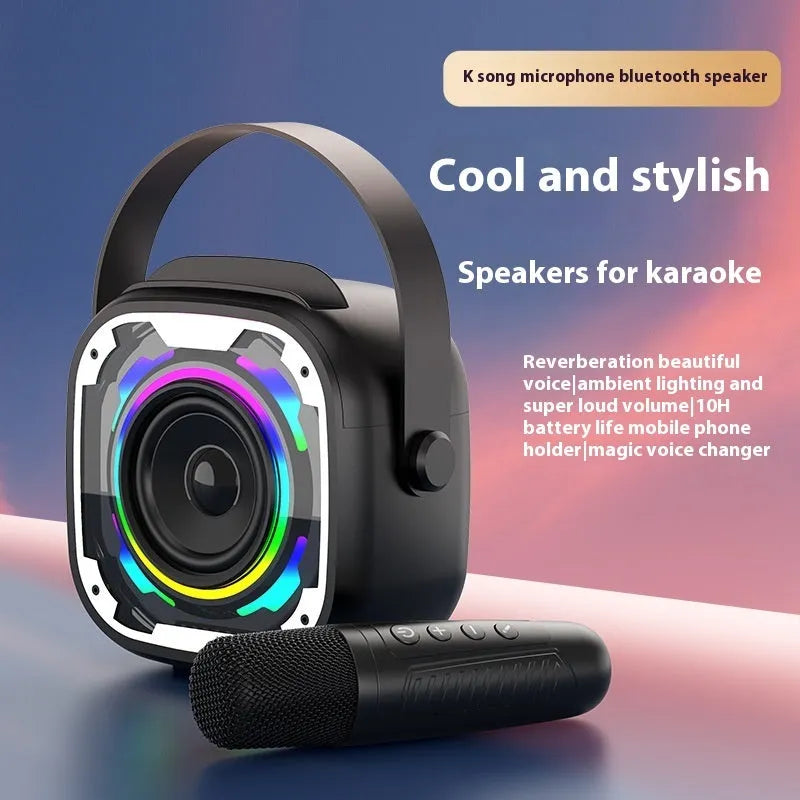 Portable wireless Bluetooth karaoke speaker with integrated microphone in V11 colours
