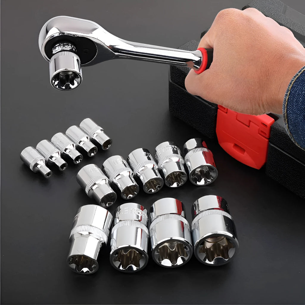 14-piece E-type socket combination tool set in red storage case with chrome vanadium steel construction