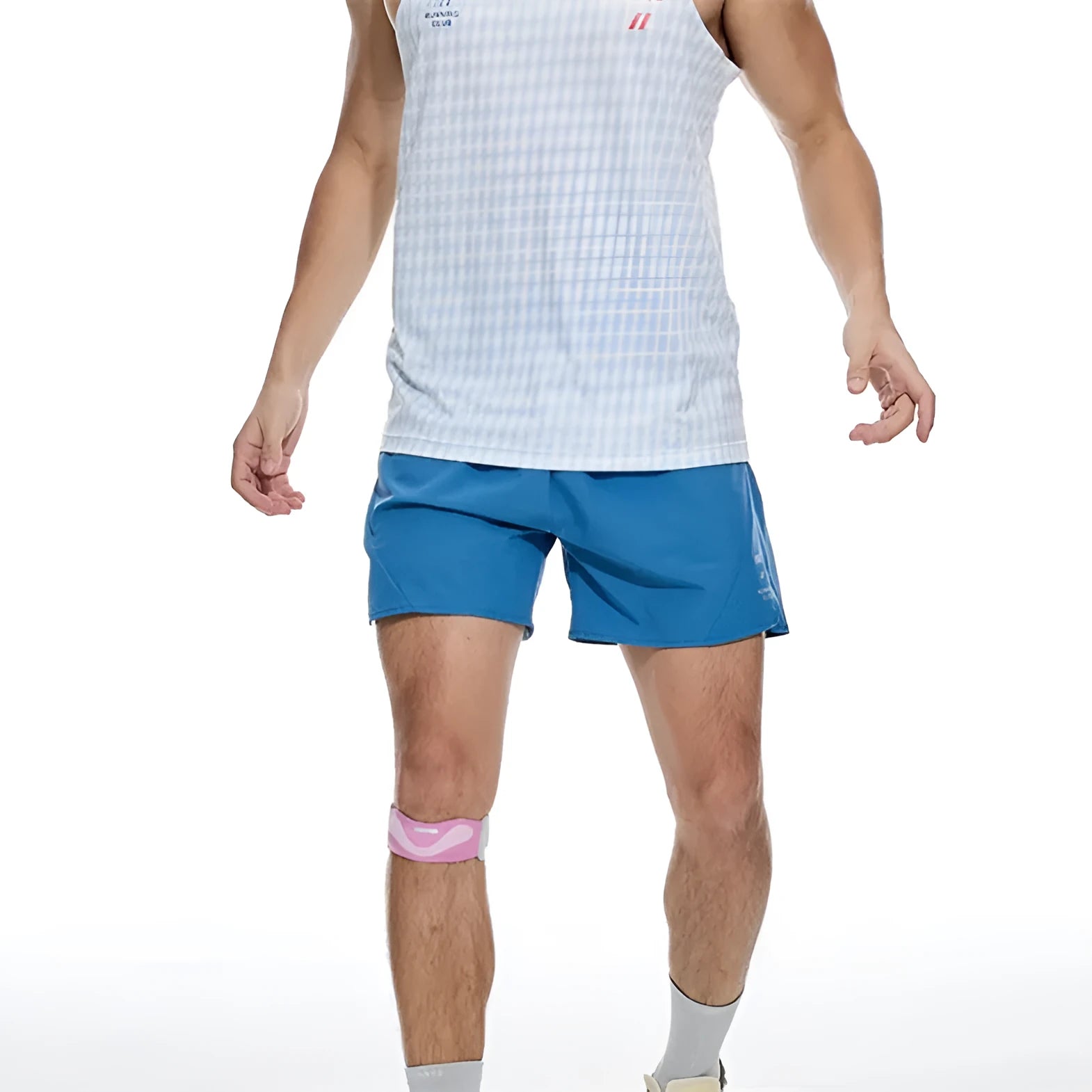 Four-point running shorts with laser punching stitching in black or blue colours showing stretch fabric construction