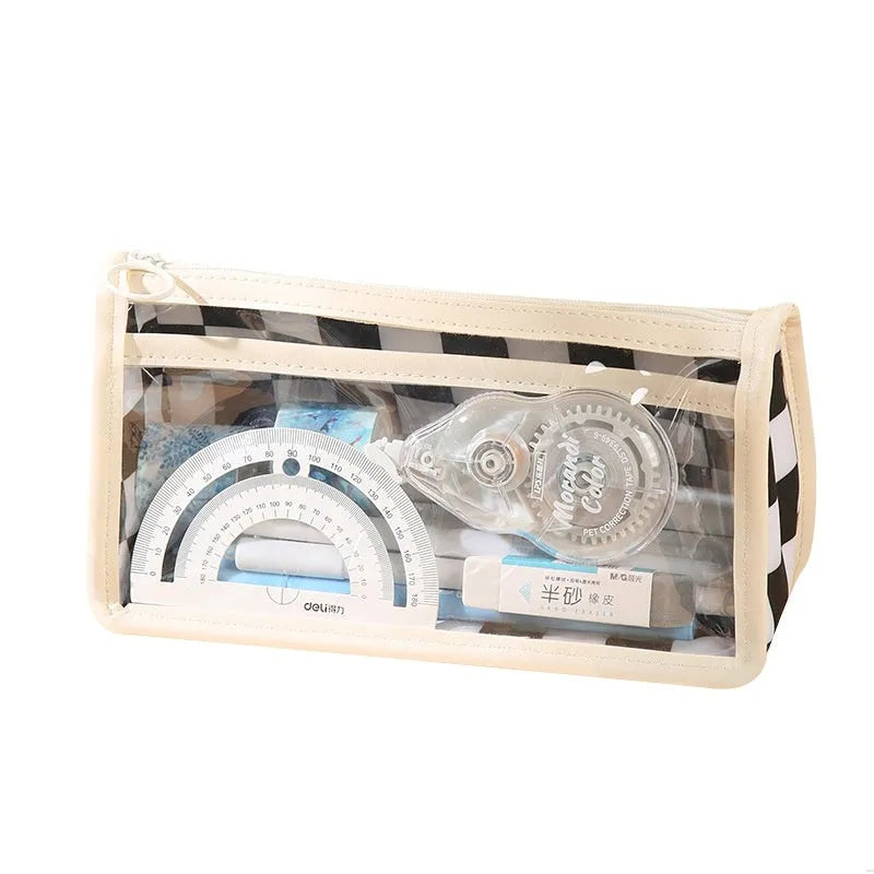 Transparent PVC pencil case with chessboard pattern, open to show large interior for pens.