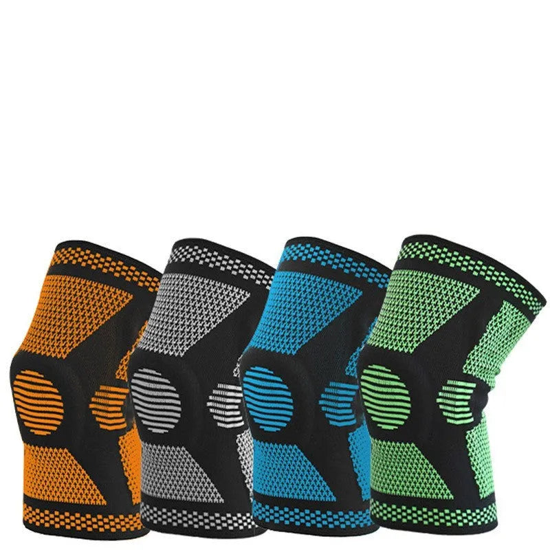 Blue silicone spring knee pad for sports, showing polyamide material and protective design.