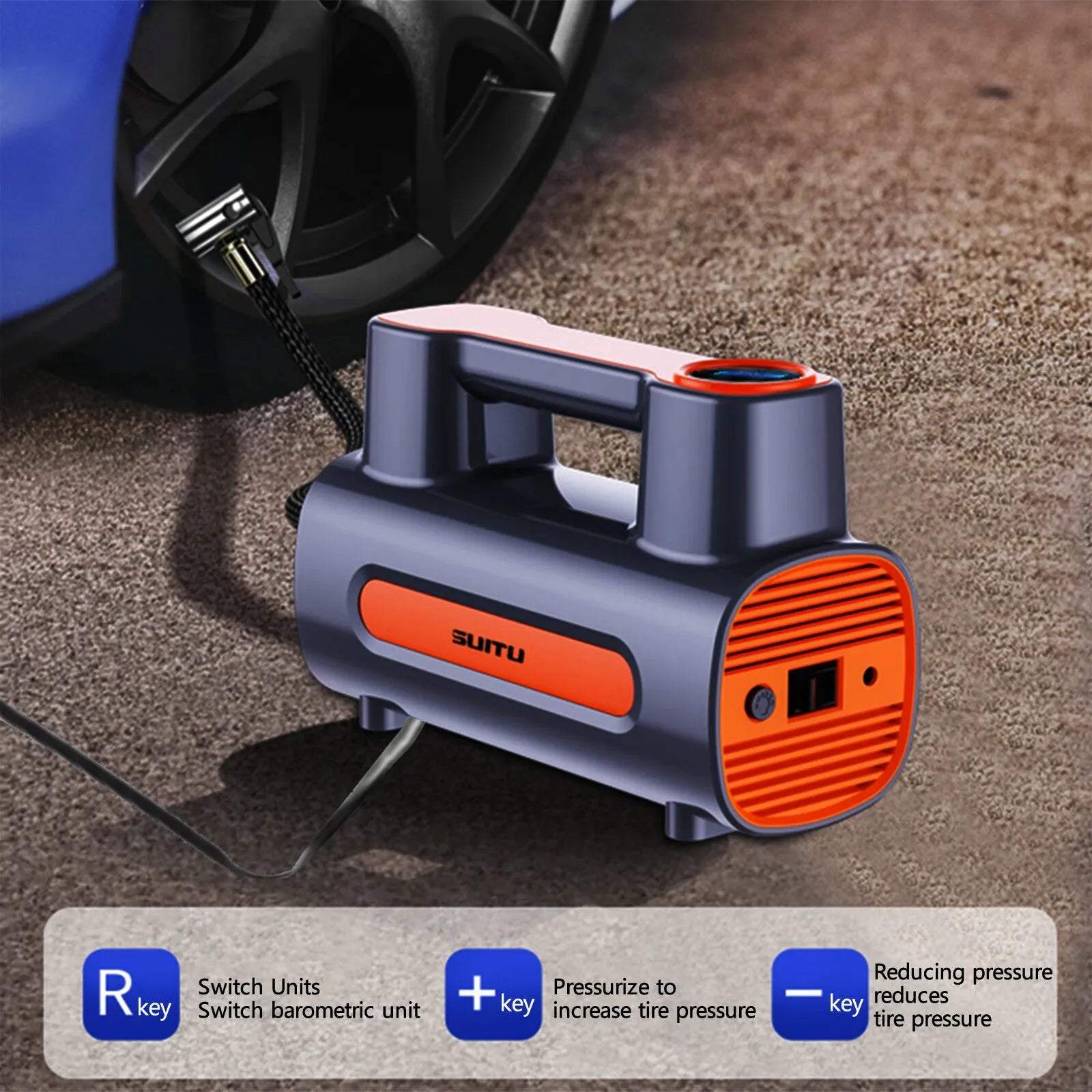Black portable wireless tire inflator with digital display and USB charging cable on a grey background.