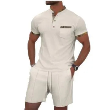 Men's grey waffle texture zipper polo collar short sleeve suit with matching shorts