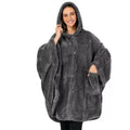 Thick pink hooded bathrobe with long sleeves and cardigan front on a hanger.