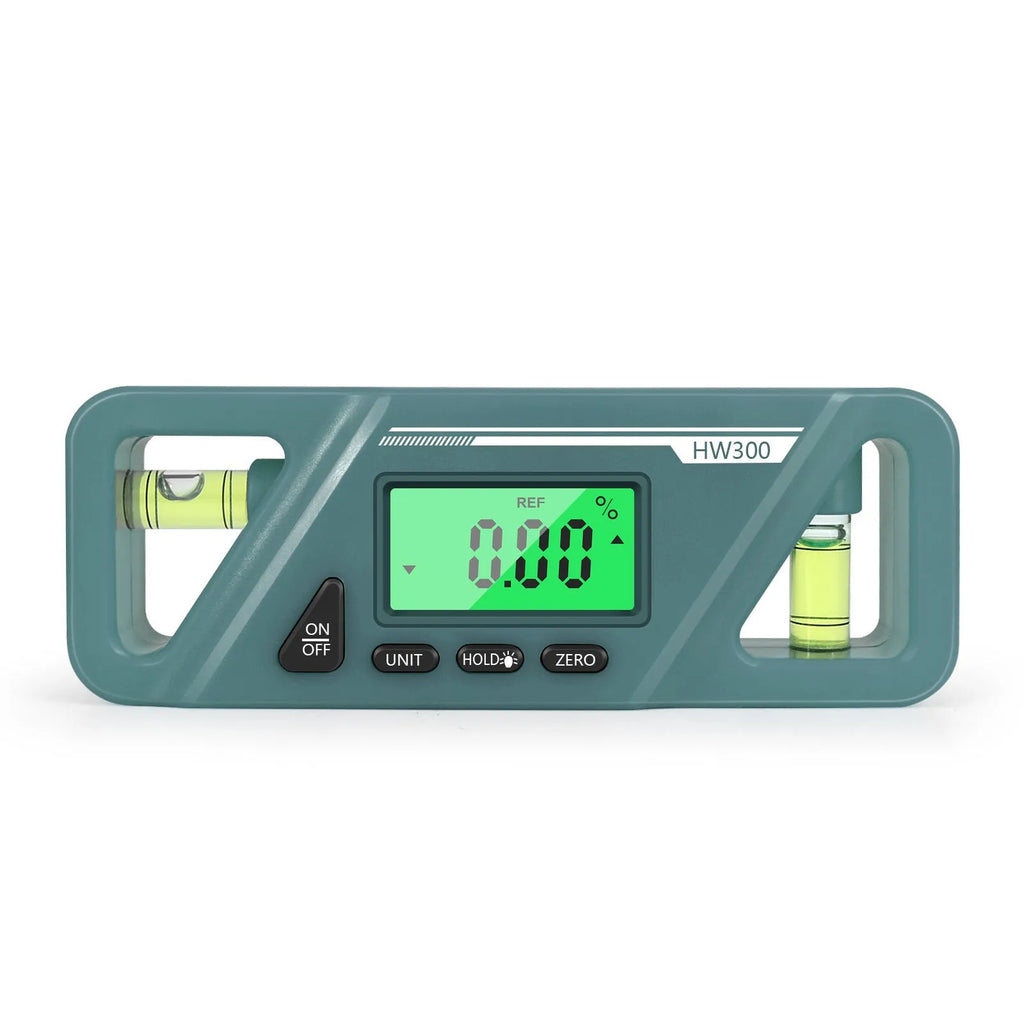 Digital magnetic inclinometer level meter showing angle display on screen, with plastic ABS housing.