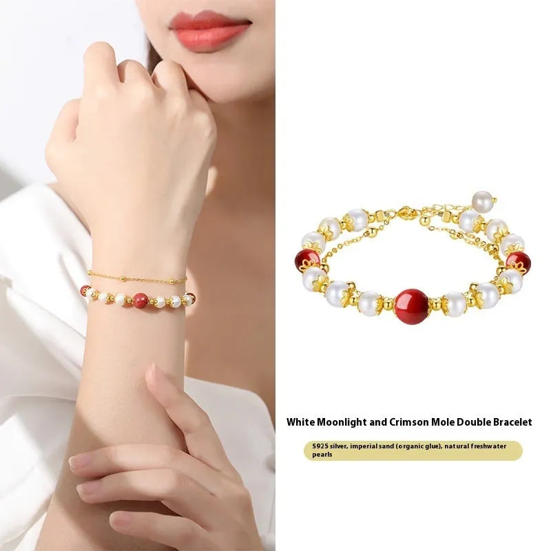 Sterling silver double-layer bracelet with cinnabar red bean freshwater pearls in geometric design