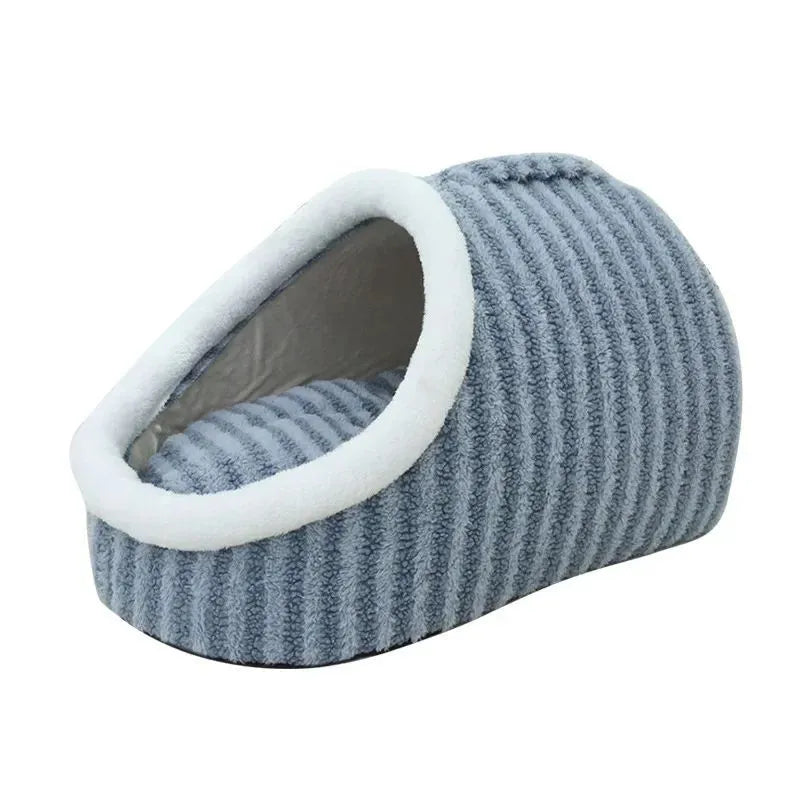 Blue striped thickened 3D dog bed with raised sides and a hole for burrowing, showing removable sponge insert.