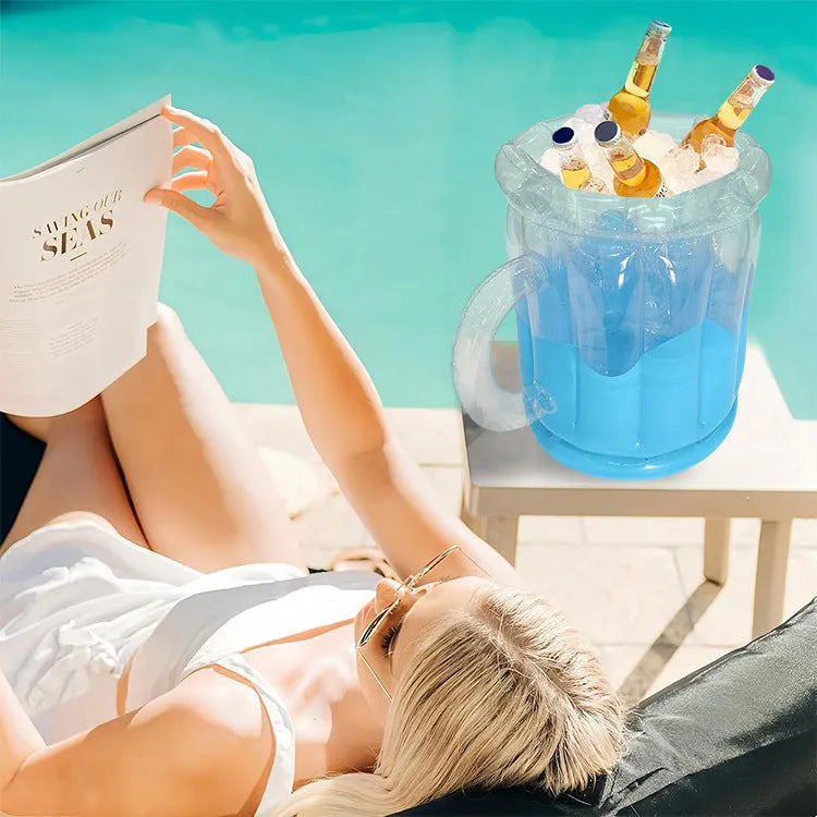 Yellow inflatable PVC ice bucket for drinks at parties and outdoors.