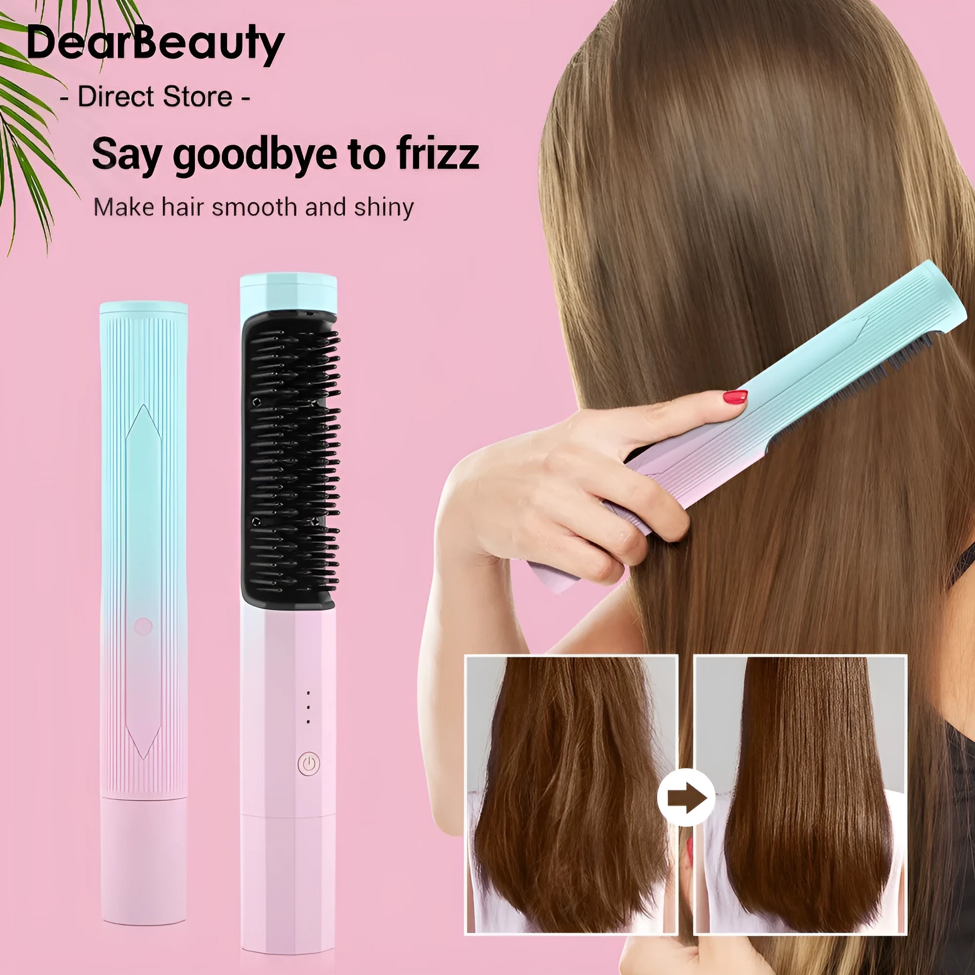 Pink cordless straightening comb with USB charging port and heat-protected comb teeth