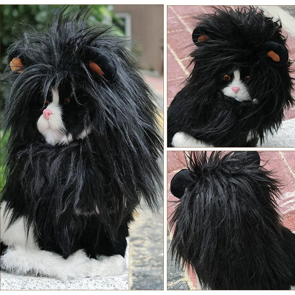 Black and white lion headgear wig hats for cats in three different sizes