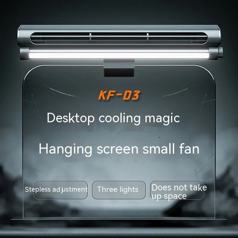 Black USB-powered bladeless clip-on fan with integrated lighting lamp attached to a laptop screen.