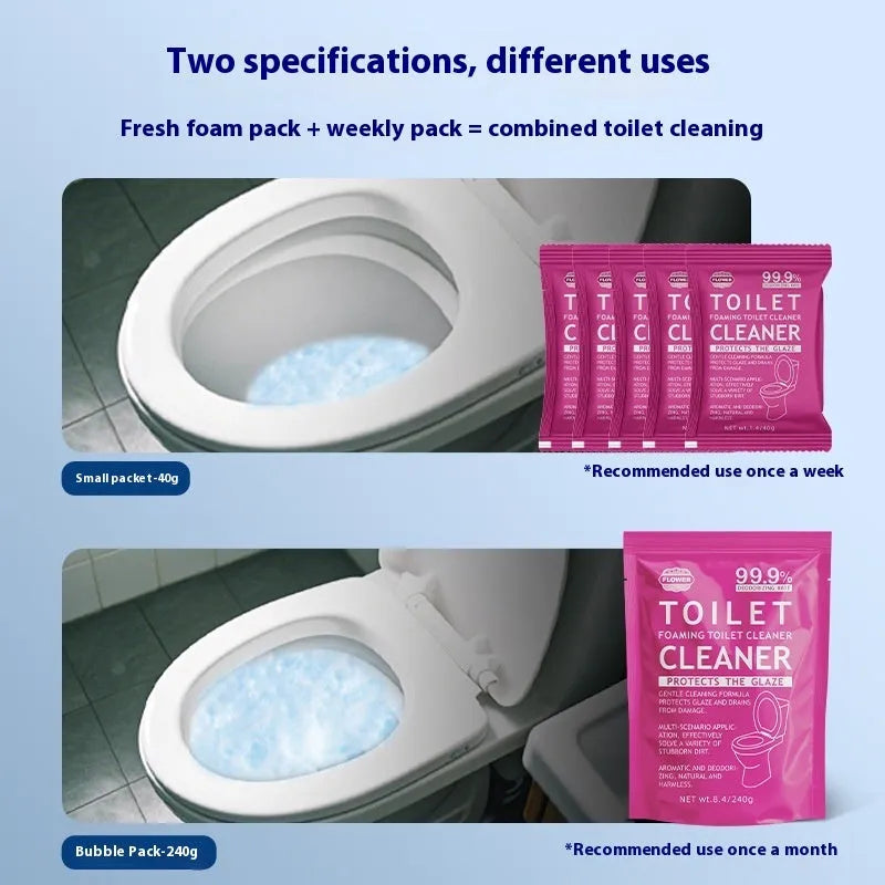 Toilet bubble effervescent cleaning powder in blue ocean and pink floral scents, showing large bag and box of sachets.