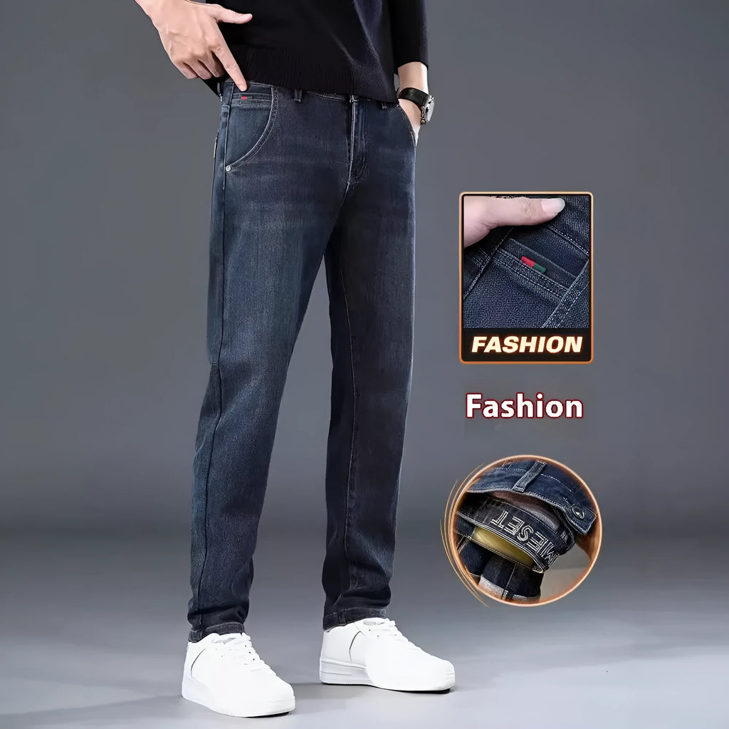 Men's slim straight casual trousers in thin polyester fabric shown in black and blue-grey colour options