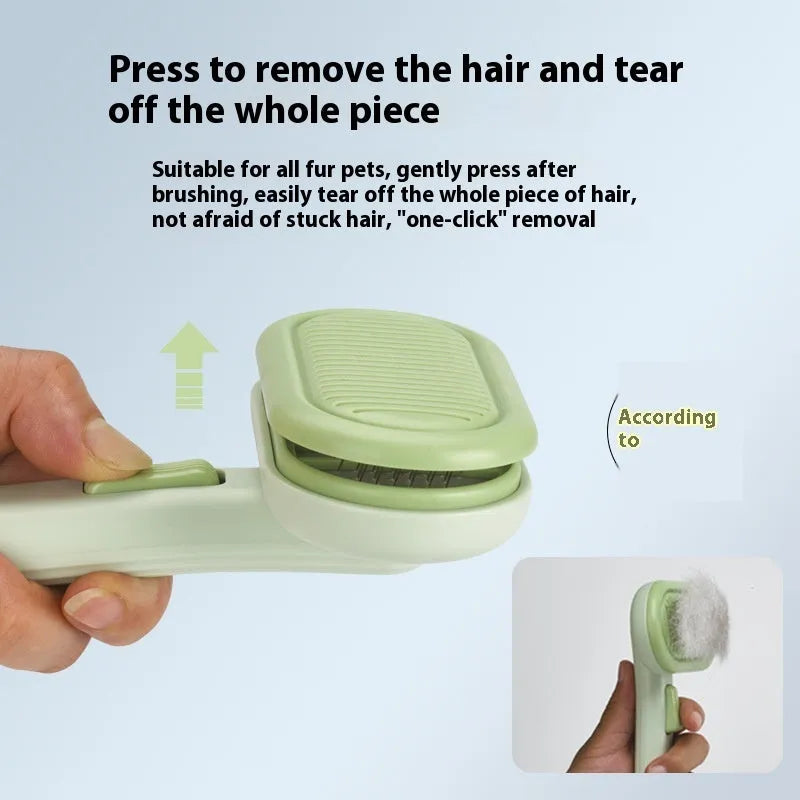 Large light green pet grooming comb with floating teeth and a built-in stainless steel shaver head for cats and dogs.