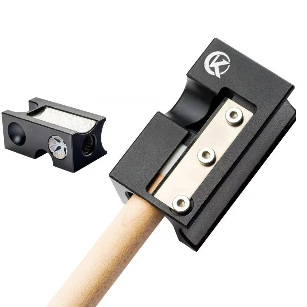 Black metal billiard cue leather tip repair device for maintenance and reshaping