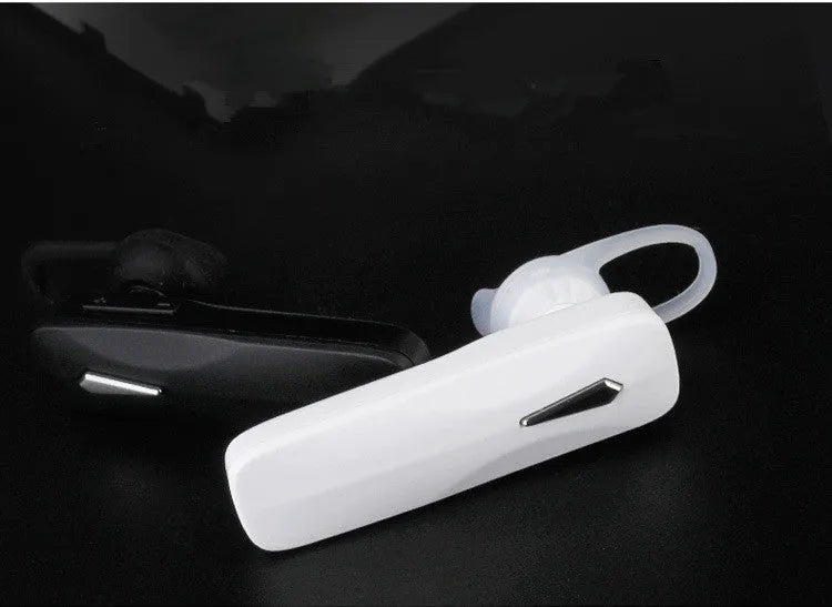 M163 black and white Bluetooth car headset for hands-free calls and music control.
