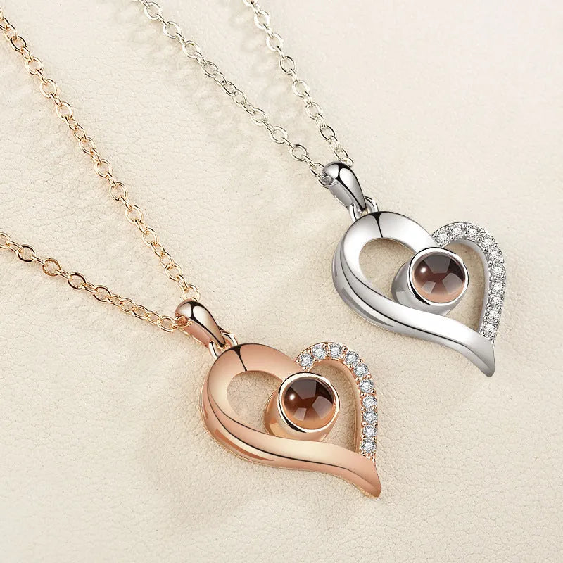 Gold love projection necklace with 100 languages pendant on 50cm copper chain