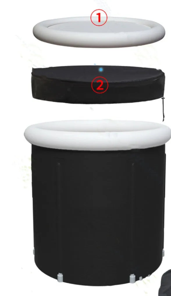 Black portable inflatable ice bath tub with weather lid for recovery therapy