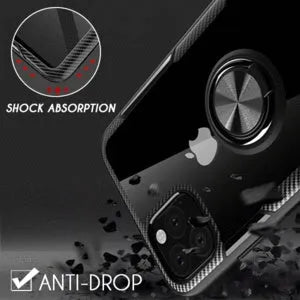 Black iPhone 11 Pro Max phone case with integrated car holder arm, showing port access and textured grip.