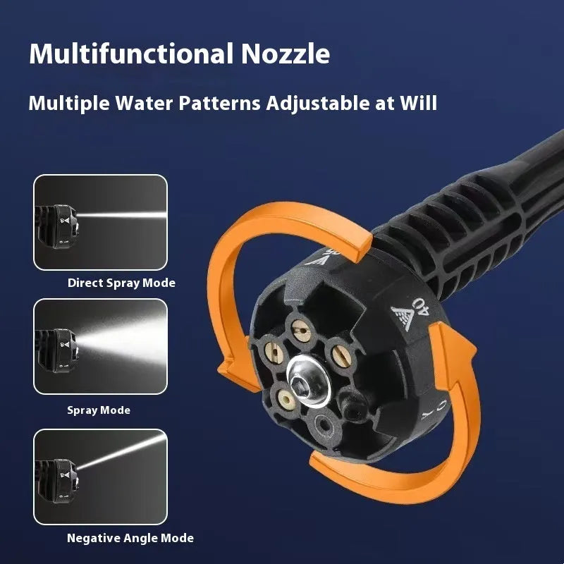 Green wireless high-pressure water gun with six-in-one metal nozzle and extension accessories.