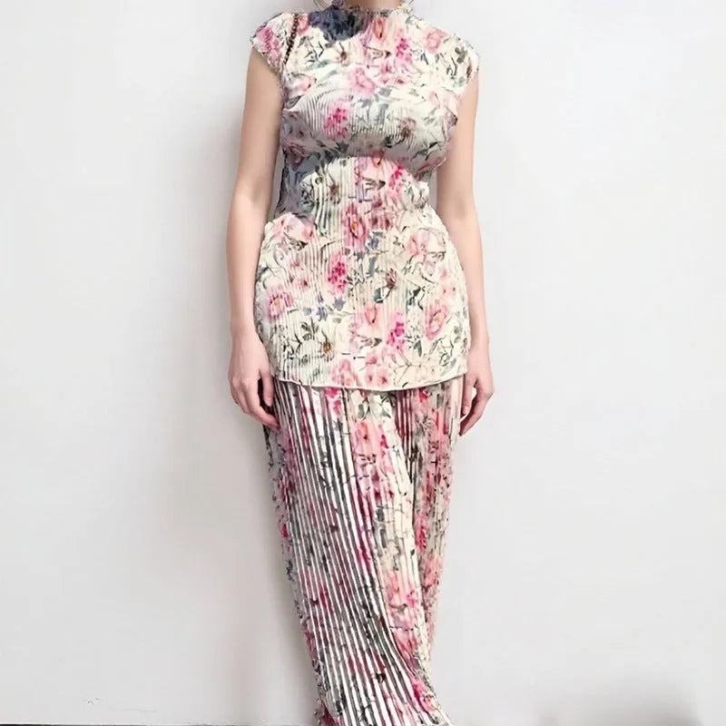 Women's printed chiffon two-piece dress set with long sleeves and high waist skirt in picture colour