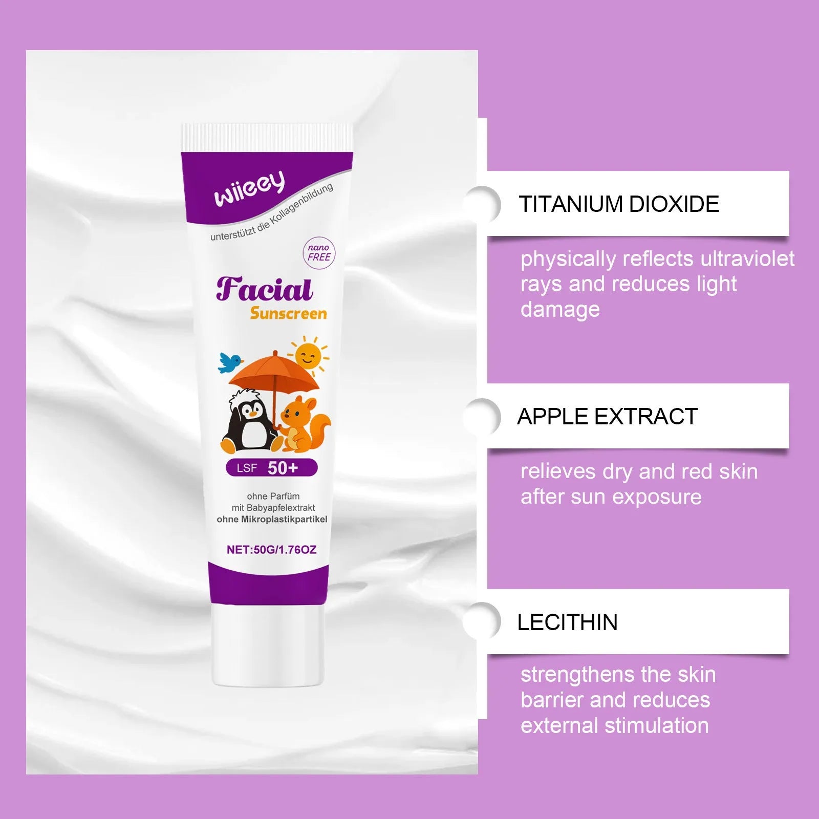 50g sunscreen cream tube with titanium dioxide and apple extract ingredients