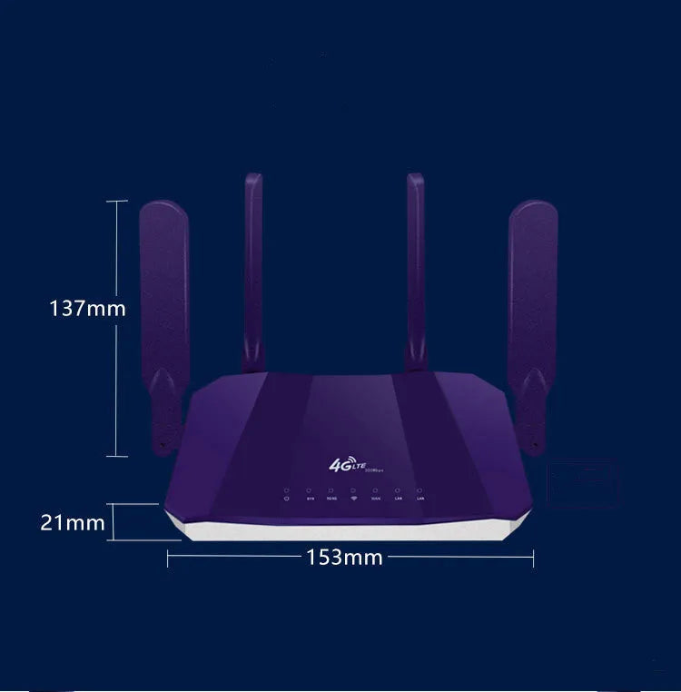 Blue dual-mode 4G router with four external antennas, showing front panel and ports.