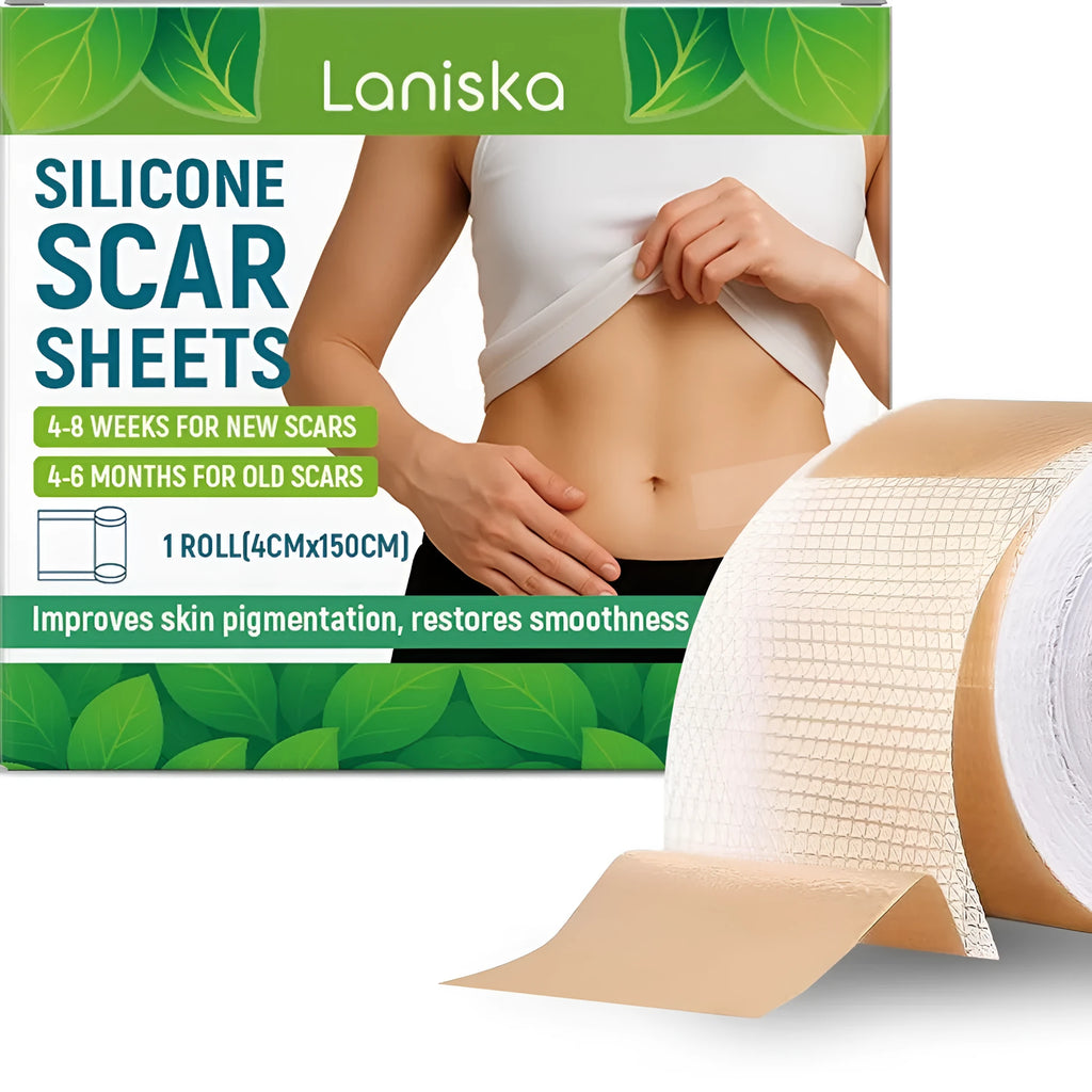 Roll of transparent silicone scar sheet measuring 4cm wide on a skin tone background.