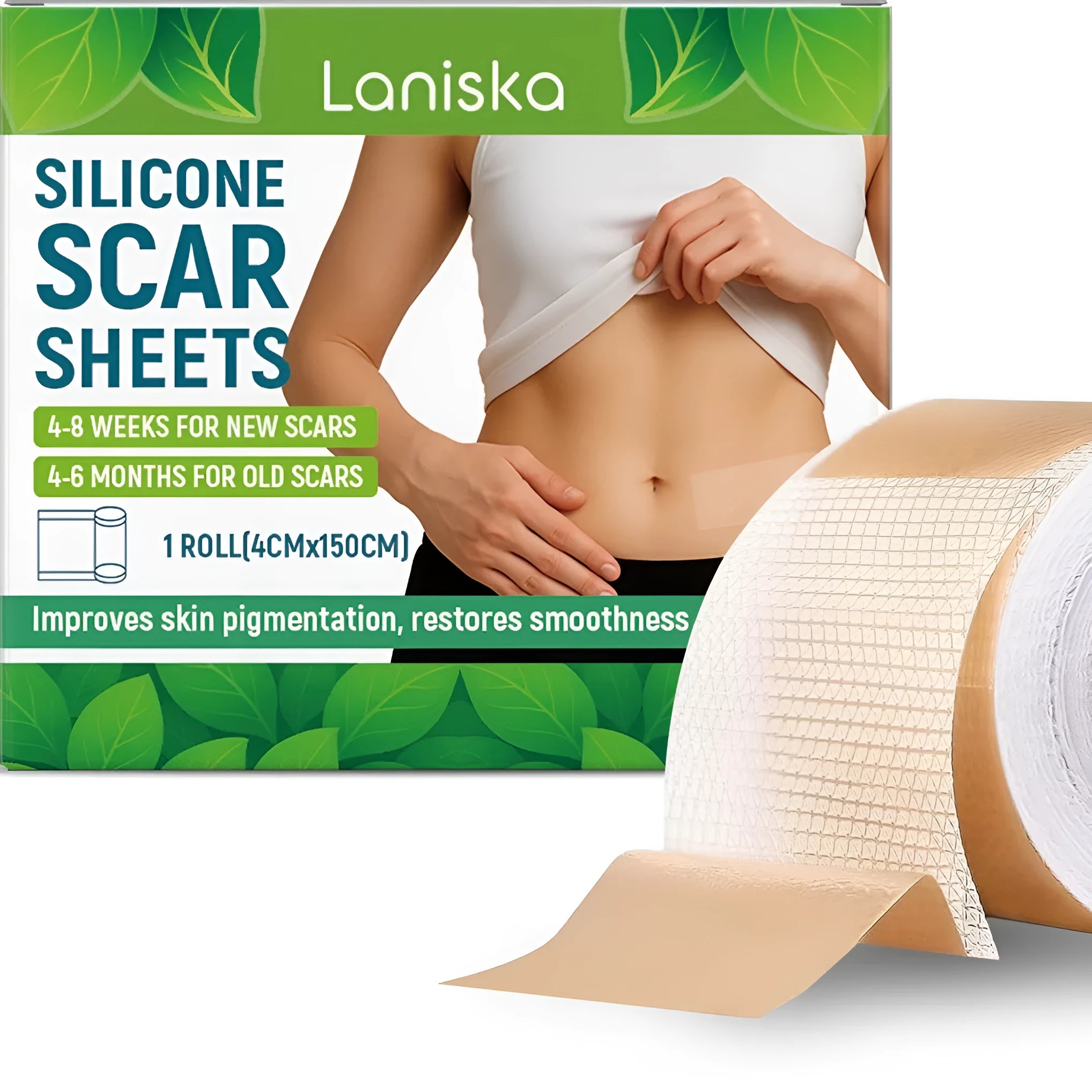 Roll of transparent silicone scar sheet measuring 4cm wide on a skin tone background.