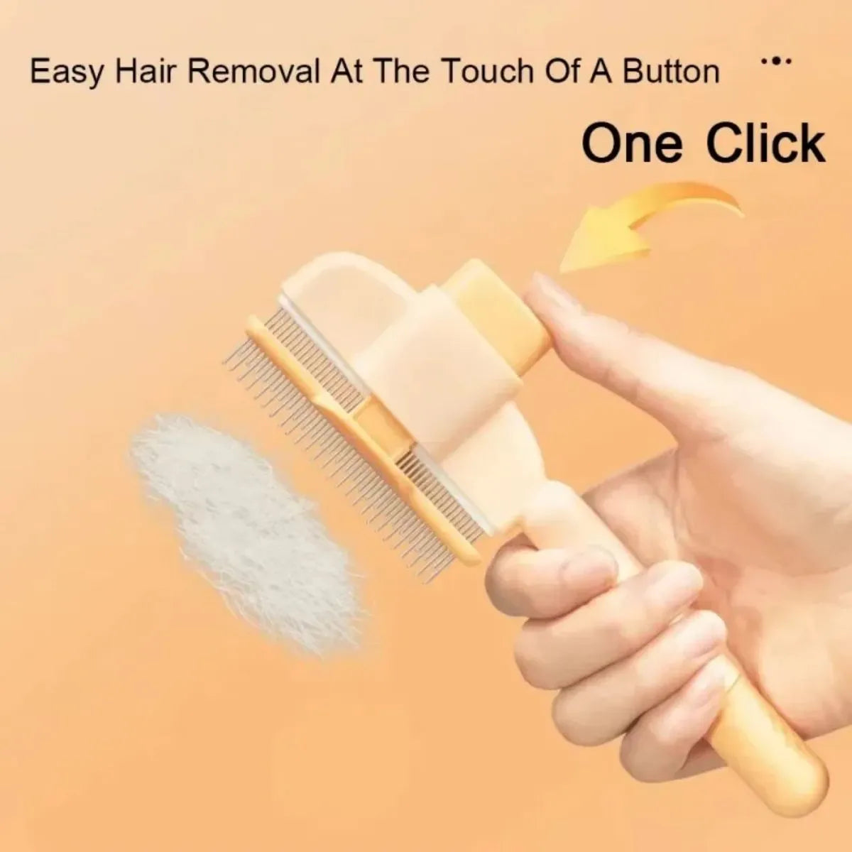Green and yellow pet grooming brush with one-click hair removal and silicone bristles for dogs