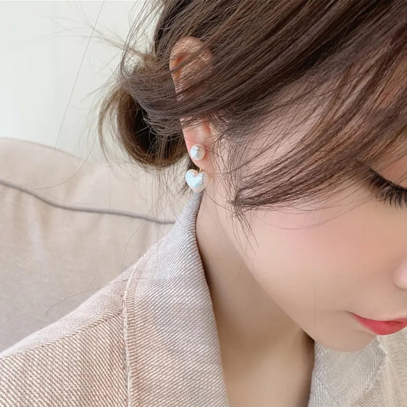 Heart-shaped pearl stud earrings with Korean design, alloy construction, electroplated finish and artificial gem accents