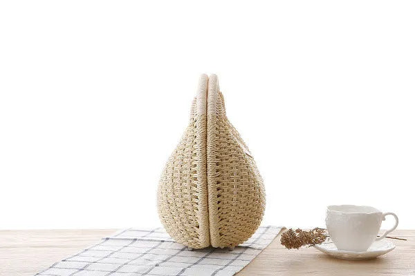 Rattan handbag in round woven straw style with hard shell and inner pocket