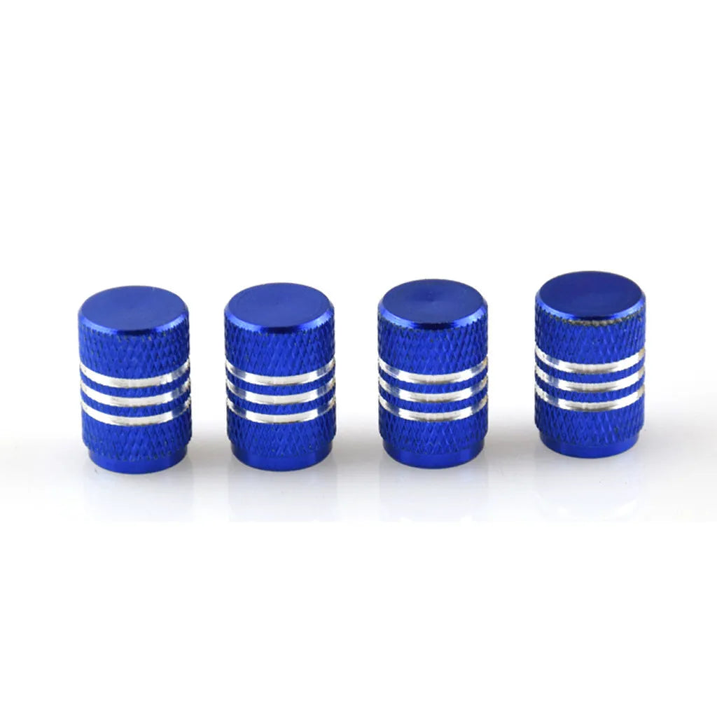 Set of coloured aluminium alloy car tyre valve caps in black, red, blue, gold, silver, green, purple, sky blue, grey, and orange