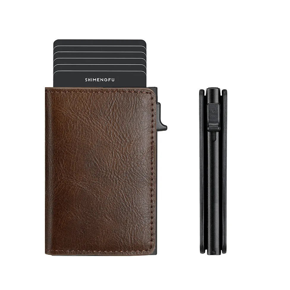 Pop-up aluminium alloy card wallet in retro PU leather with anti-theft function, front view
