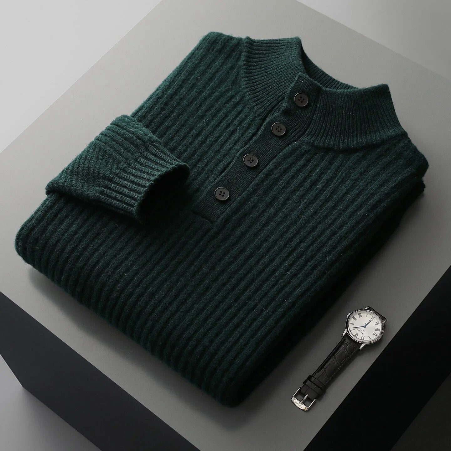 Men's half turtleneck button sweater pullover loose fit wool winter long sleeve