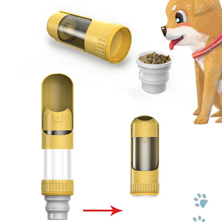 Dark blue portable dog water bottle with built-in drinking bowl, shown with leak-proof lock.