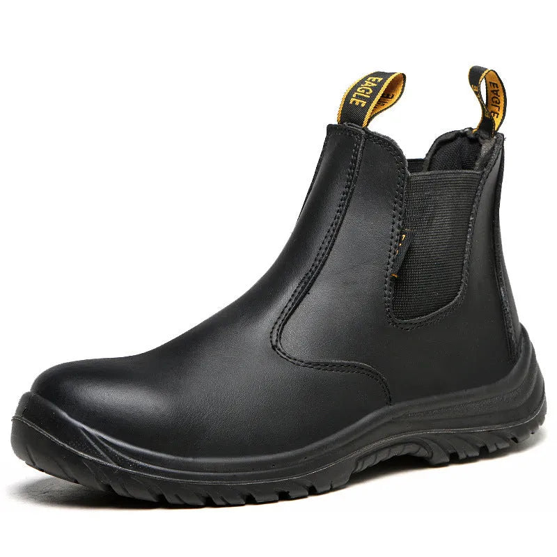 Black high-top leather safety work boots with anti-piercing sole protection